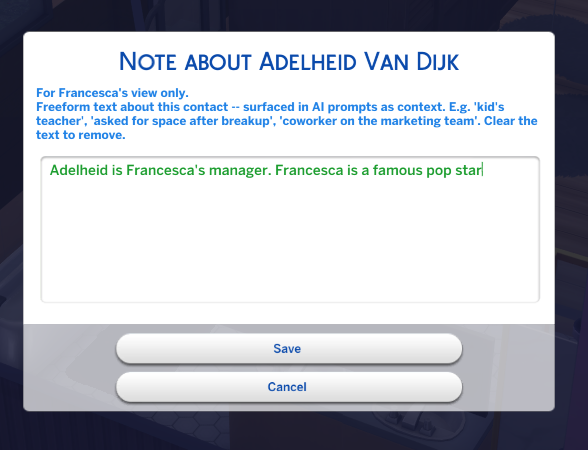 Text input dialog for a freeform note about a contact