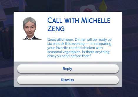 Text from a butler NPC written in professional, deferential register referencing household dinner arrangements
