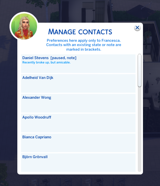 Per-contact action picker with mute, paused, priority, clear, and note options