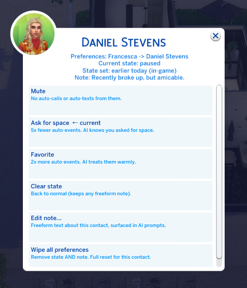 Sim picker listing contacts with markers for those that have preferences set