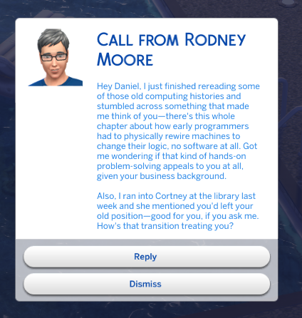 Call referencing a real in-game event the player's sim just did