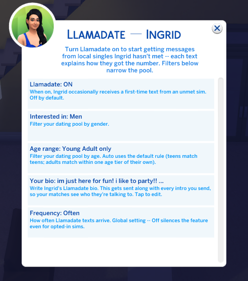 Llamadate settings for a specific sim: opt-in toggle, gender filter, age filter, and a bio field