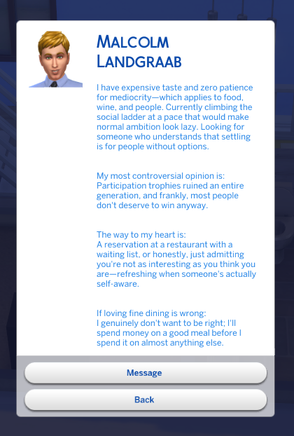 Sim's dating profile card with a short bio at the top and three prompt-and-answer pairs below in Hinge style
