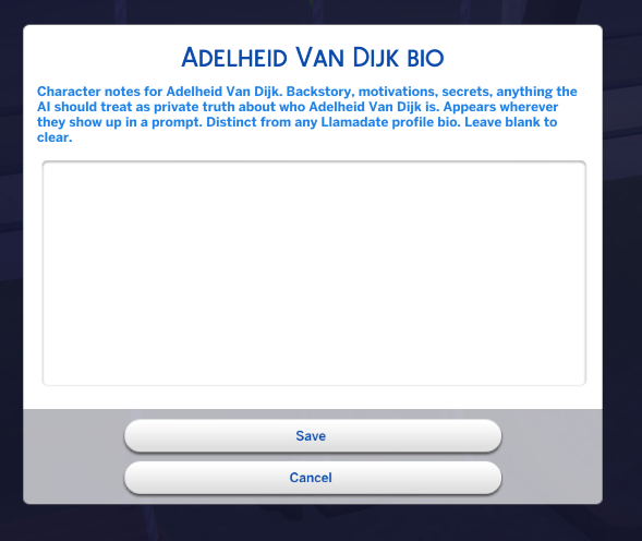 Sim bio input dialog where the player types character notes for a specific sim