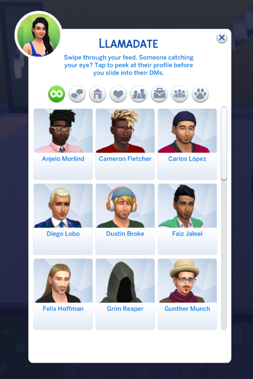 Sim picker titled Llamadate showing portraits of unmet sims to potentially message