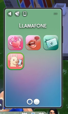 Llamafone's llama icon as a standalone app tile on The Sims 4 phone home screen, next to other apps