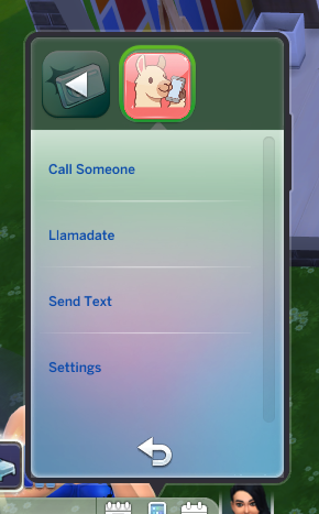 The Llamafone app screen showing its four tiles: Call, Send Text, Llamadate, and Settings
