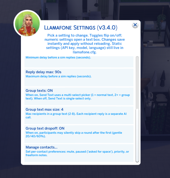 Llamafone Settings panel with a new Manage Contacts row