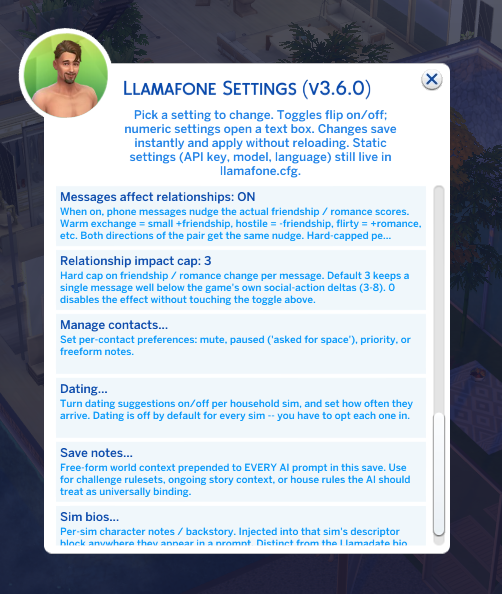 Llamafone Settings menu showing new v3.6 rows: Save notes, Sim bios, Messages affect relationships toggle, and a relationship-impact cap slider