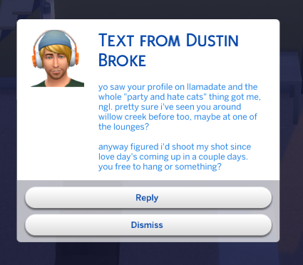 Inbound cold-outreach text from a total stranger who saw the player's profile on Llamadate