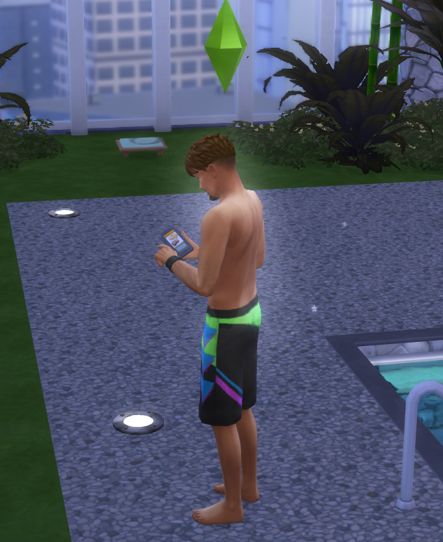 A sim standing outside actually using their phone — the brief phone-tapping animation plays as the interaction runs