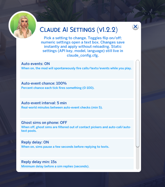 Llamafone Settings panel showing toggles for auto events, reply delay, ghost contacts, and numeric inputs for chance and interval