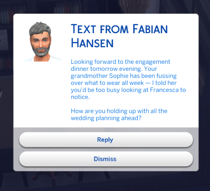 Text conversation referencing an engagement dinner specifically, not just a generic wedding event