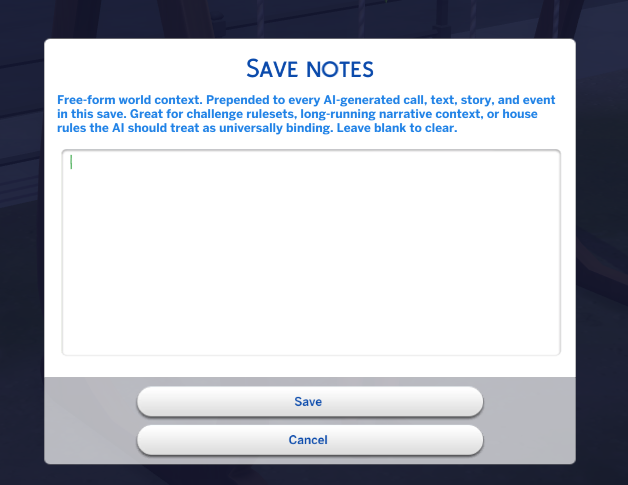 Save-level world context dialog where the player writes free-form notes that shape every AI prompt in this save